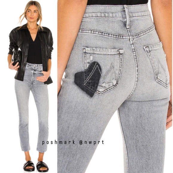 MOTHER Denim - MOTHER Dazzler Shadows Grass Heart Print High Rise Straight Leg Grey Black 25